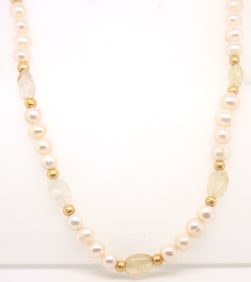 18kt Yellow gold button pearl, white quartz and amethyst gold ball necklace