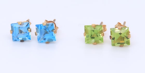 2 Pairs of Blue Topaz and Peridot 14kt Yellow Gold Stud Earrings