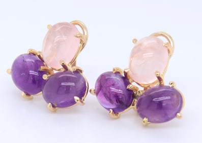 Handsome Yellow Gold Cab Amethyst and Pink Quartz Huggie Earrings