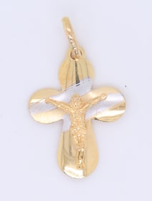 Charming Two Tone Gold Puffy Crucifix Cross Pendant