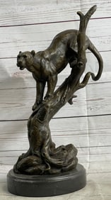 African Mountain Lion Leopard Cougar Bronze Statue on Marble Base Sculpture