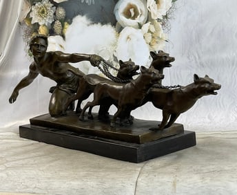 Man Pulling 3 Dogs Bronze Sculpture