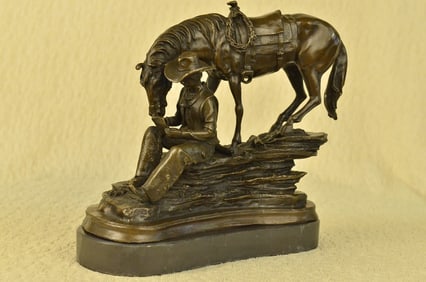 Old West Cowboy with Horse Bronze Sculpture