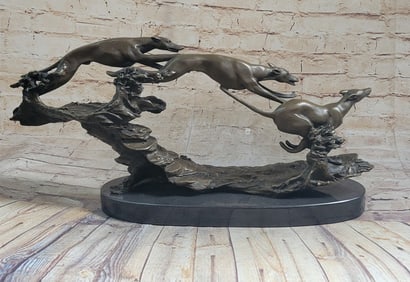 Three Wild Dogs Running on Marble Base Bronze Sculpture