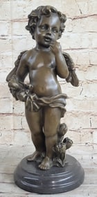 Nude Cherub Picking Blossomed Roses Bronze Sculpture