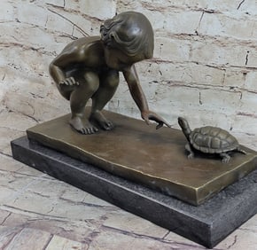 Little Girl Playing With Turtle Bronze Sculpture