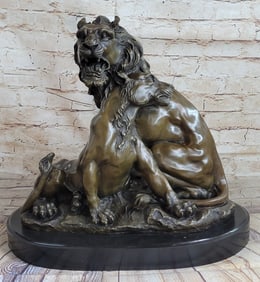 RELAXING LIONS BRONZE STATUE MARBLE FIGURINE ART DECO