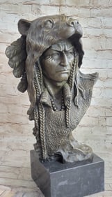 Native American Chief in Bear Headdress Bronze Sculpture