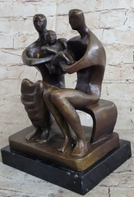 Henry Moore Family in Park Bench Bronze Sculpture Marble Base Abstract Statue NR