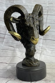Signed Original Mascot Ram Head Bronze Sculpture Marble Base Statue Figurine Art