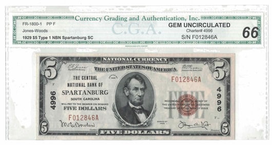 1929 $5 Spartanburg, SC National CGA-66 Paper Currency Bank Note