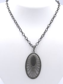 Edgy Oxidized Sterling Silver Openwork Art Deco Style Oval Necklace