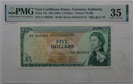 1965 5 Dollars East Caribbean States East Caribbean Currency Authority Nd P-14e. PMG Choice Very