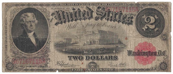 1917 $2 US Paper Money Two Dollar Large Banknote