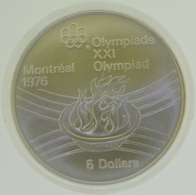 1976 Elizabeth II $5 dollar Canada Silver Coin Montreal Olympic Flame