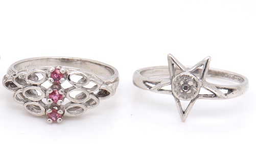 One Lot Include Two 10KT White Gold Diamond and Ruby Rings