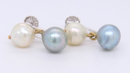 White Gold Fresh Water Pearl and Grey Pearl Dangle Earrings