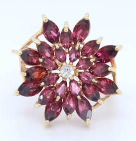 Powerful Yellow Gold Flower Style Amethyst Ring with Diamond accents