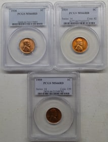 1938, 1939 & 1959 PCGS MS66RD 1c Lincoln US Coin