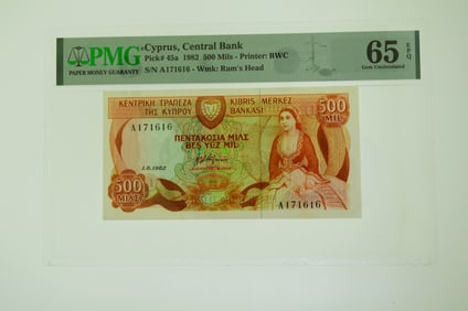 1982 500 Mils Central Bank of Cyprus P-45a. PMG Gem Uncirculated 65 EPQ