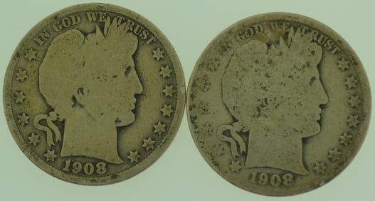 Two(2) 1908 Barber Half Dollar