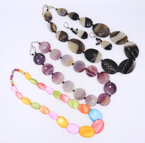 Group Lot of 3 Multi Color Agate Necklaces