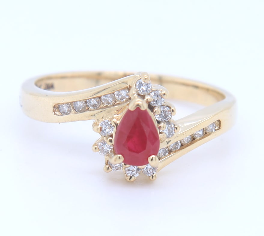 Fantastic Yellow Gold Pear Shaped Ruby and Diamond Bypass Ring (1 of 4)