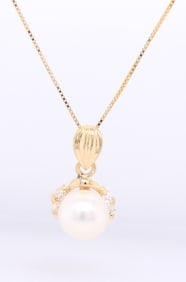 Lovely Yellow Gold Pearl and CZ Pendant on Box Chain Necklace