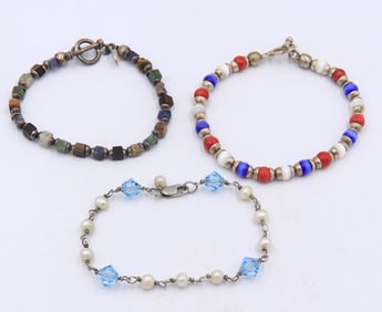 Group lot of 3 vintage 925 sterling silver glass bracelets