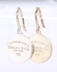 925 Sterling silver Tiffany & CO round disc tag drop earrings