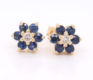 14kt Yellow gold sapphire and diamond flower stud earrings