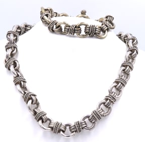 Heavy set of Vintage 925 sterling silver circle link necklace and matching bracelet