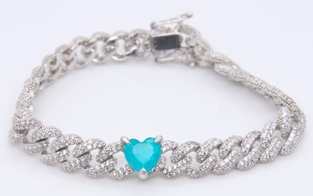 925 Sterling Silver Heart Shaped Cubic Zirconia Curb Link Bracelet