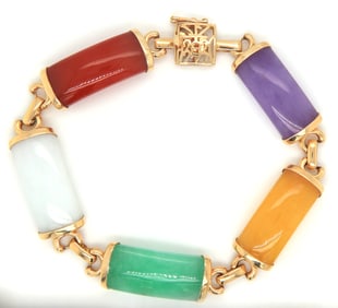 14kt Yellow gold multi color Jade link bracelet