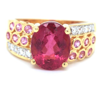 18kt Yellow gold Pink topaz and diamond cocktail ring