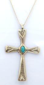 Vintage 925 sterling silver turquoise cross pendant on Italian box chain necklace