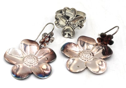 925 Sterling silver flower dangle earrings and ring