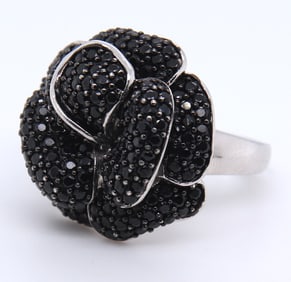 925 Sterling Silver Black Cubic Zirconia Flower Design Ring