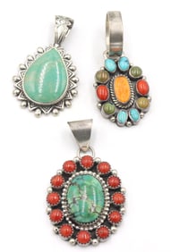 Lot of 3 Vintage 925 sterling silver Turquoise and Coral pendants