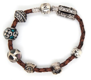 Pandora leather wrap charm bracelet with charms