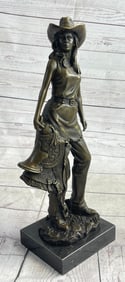 Hot Cast Cowgirl with Saddle Bronze Sculpture