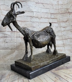 Stunning Farm Animal Goat Bronze Sculpture on Marble Base Statue