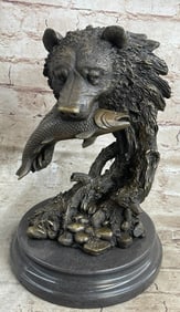 Bear Head Bust with Fish Bronze Sculpture