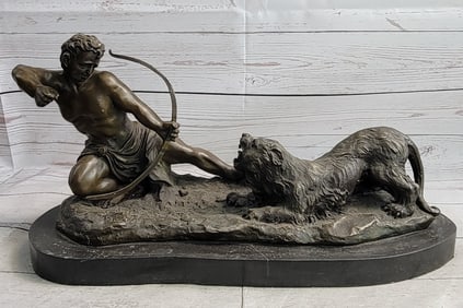 Man with Bow and Arrow Striking Lion Bronze Sculpture