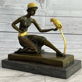 Art Deco Lady and The Parrot Bronze Sculpture