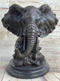 Original Striking Massive Elephant Head Bust with Baby Bronze Sculpture Statue
