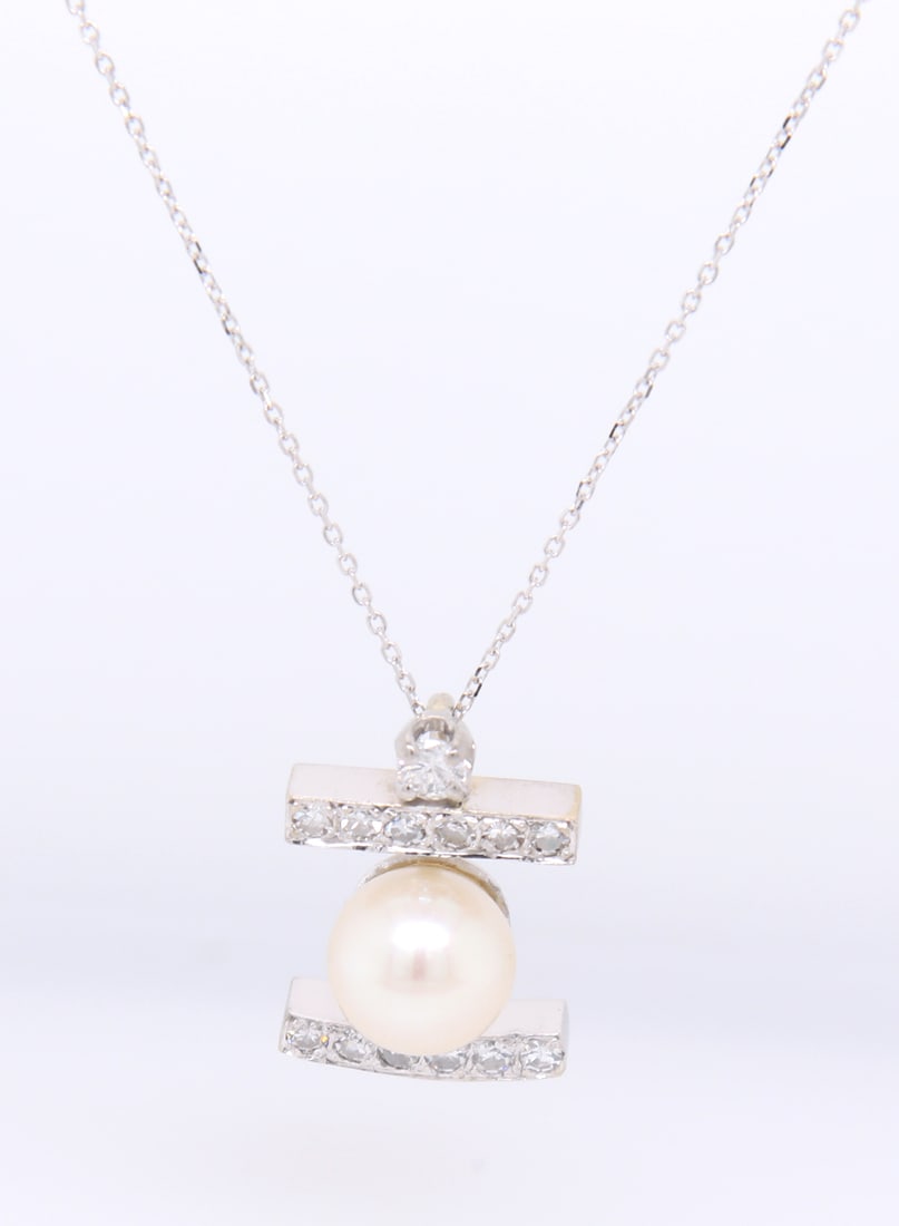 Favorite White Gold Single Cut Diamond and Akoya Pearl Pendant on Chain (1 of 5)