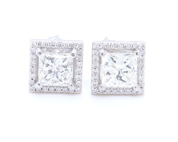 14kt White gold 2.13ctw princess cut diamond studs with halos