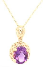 14kt Yellow gold oval amethyst basket wave pendant on chain