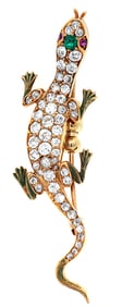 Vintage 1.25ctw Diamond 0.03ctw Ruby and 0.11ct Emerald Gecko Brooch in 18K